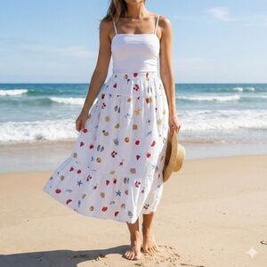 JAPNA 100% Cotton Sea and Fruit Novelty Print Tiered Pull On Skirt Side Pockets